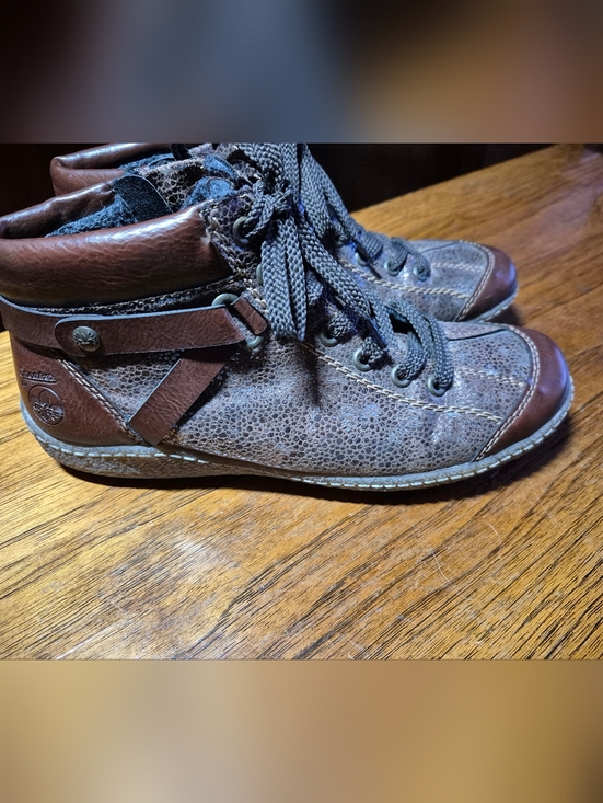 Rieker Shoes - Rieker Brown Metallic Textured Leather Lace-Up Ankle Booties